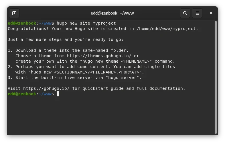 new hugo project in terminal